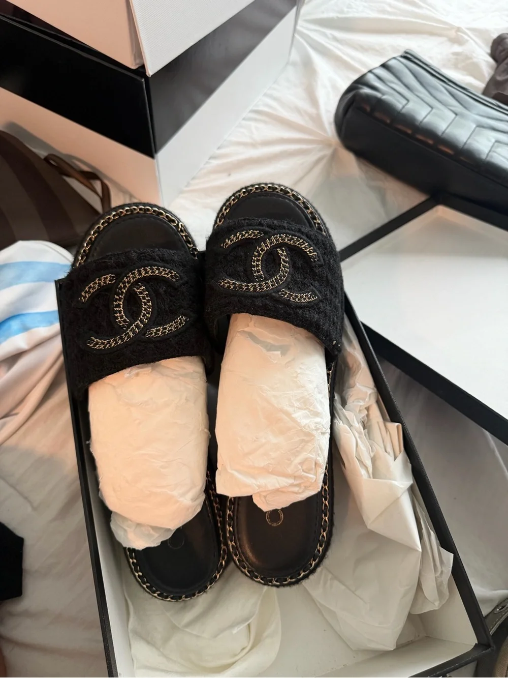 CHANEL Black Faux-Fur Slide Mules with Gold Chain CC